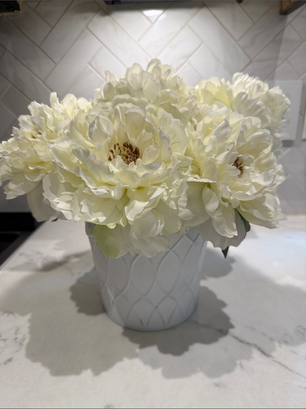 Cream Peony Faux Floral Arrangement in White Ceramic Pot